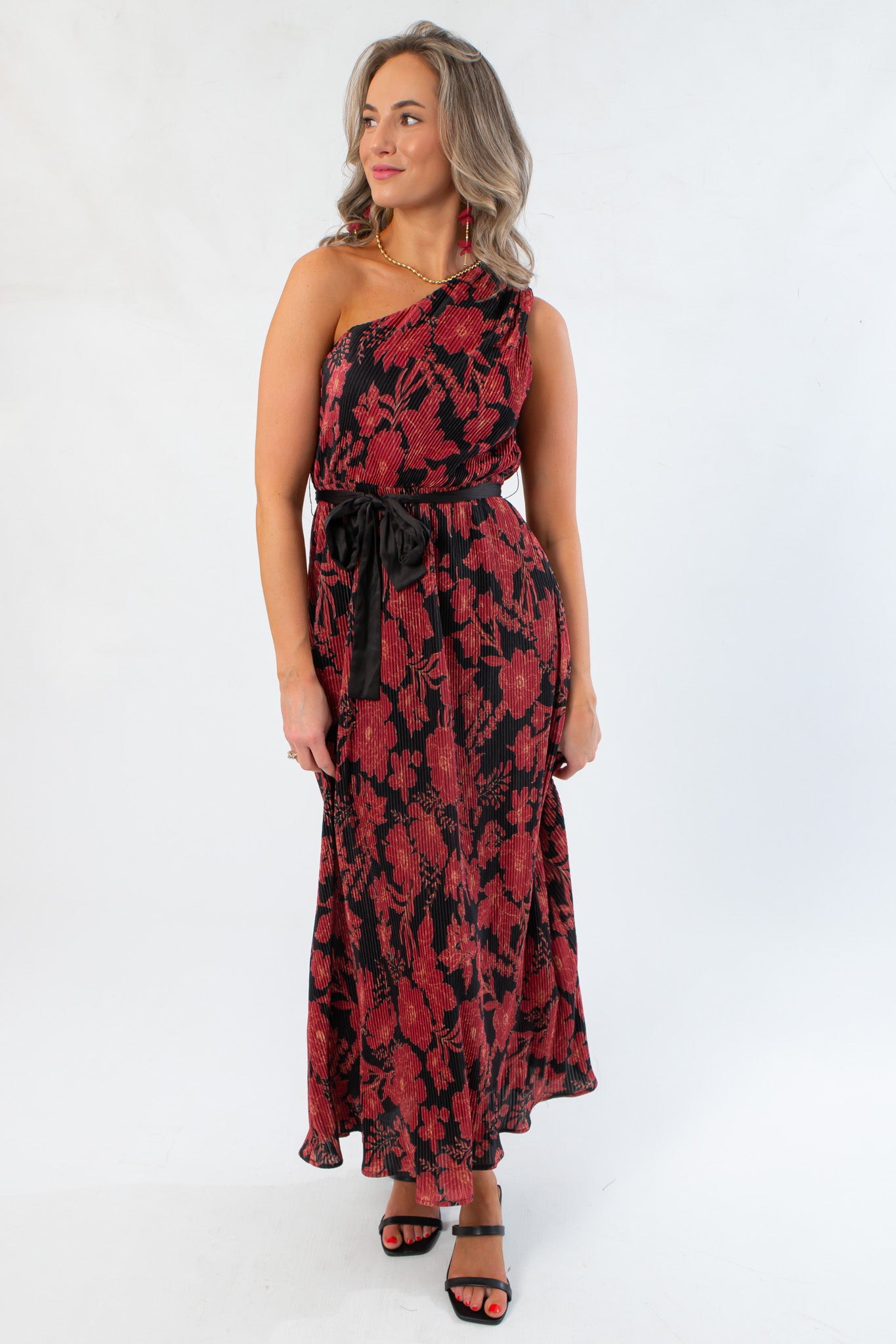 Love Affair One Shoulder Floral Red Midi Dress