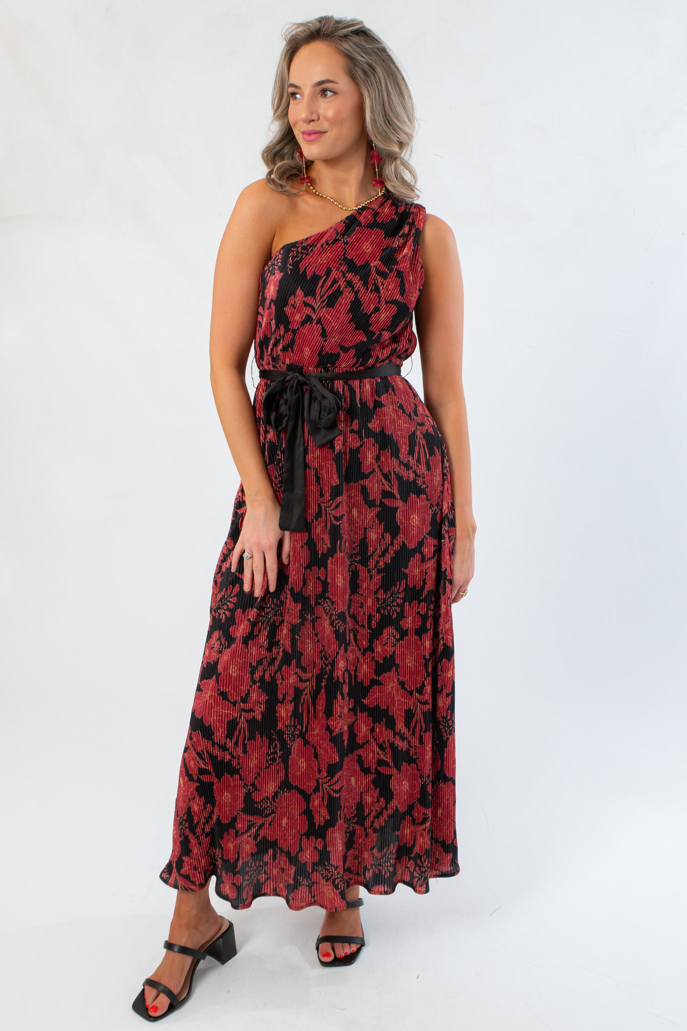 Love Affair One Shoulder Floral Red Midi Dress