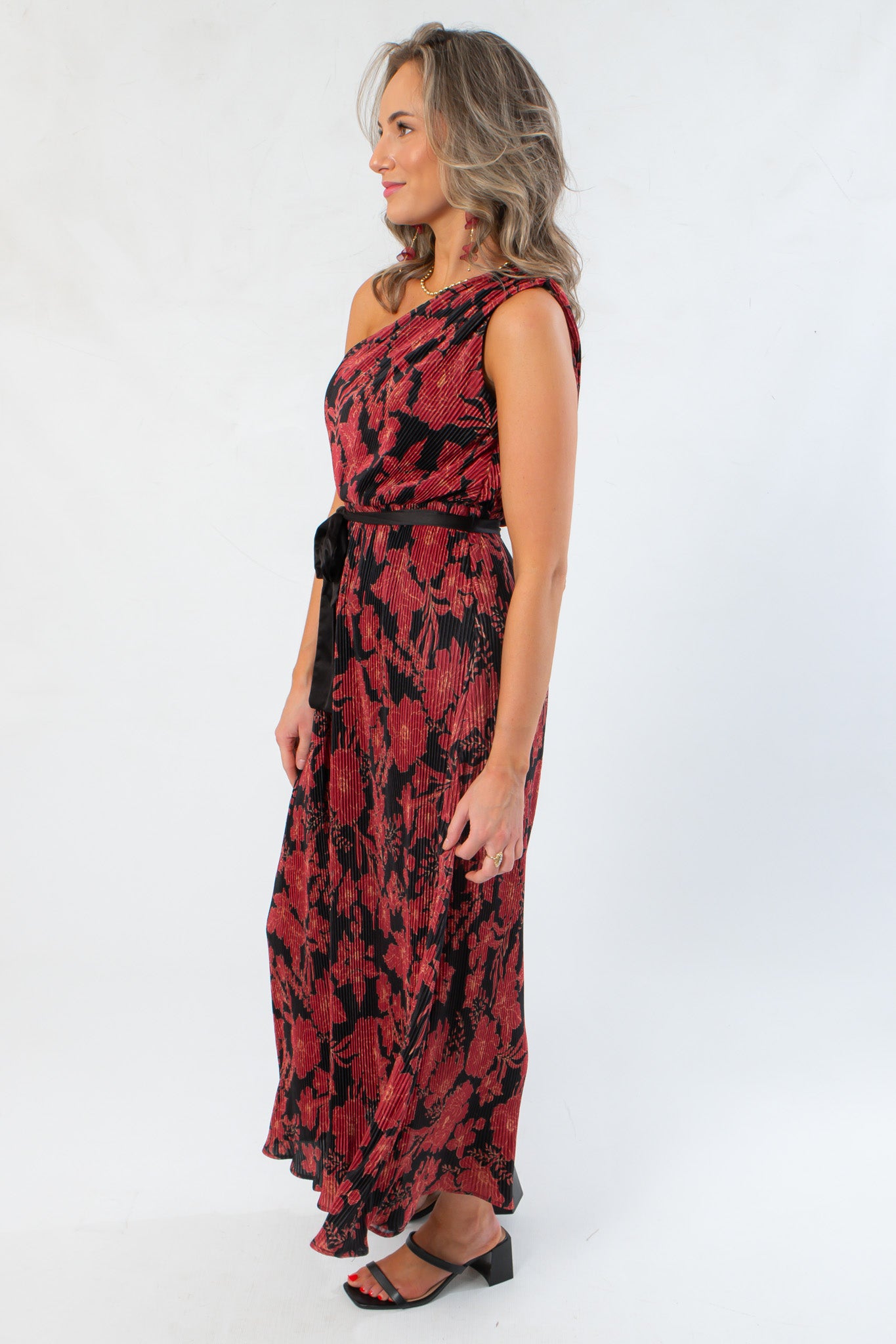 Love Affair One Shoulder Floral Red Midi Dress