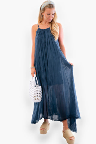 Elaine Navy Blue Thin Strap Crinkle Maxi Dress-Milio Milano-L. Mae Boutique