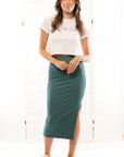 Emerald Green Ribbed Side Slit Midi Skirt-Bottoms-ILLA ILLA-L. Mae Boutique & Wild Mabel Clothing