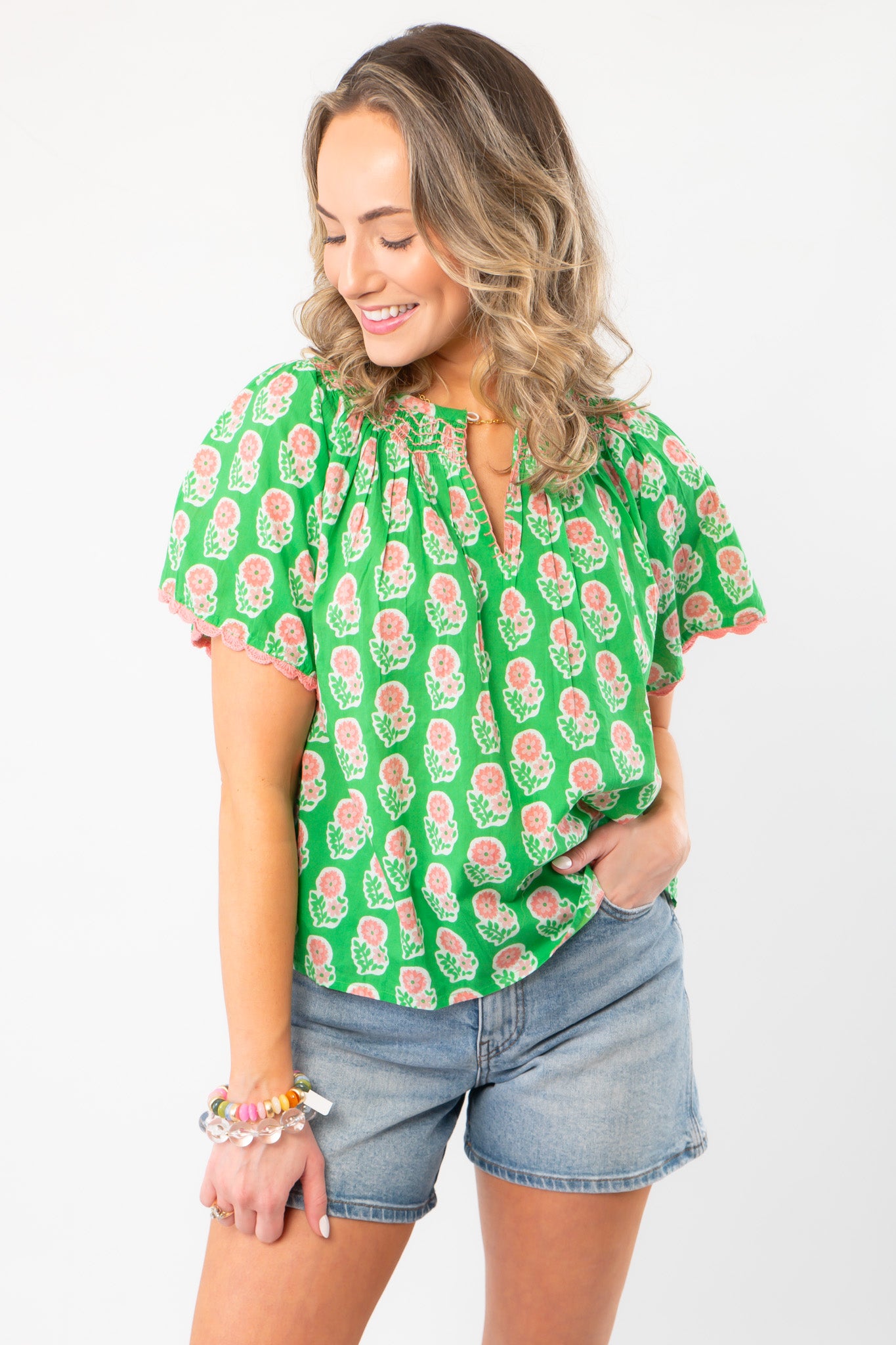 THML Green Floral V Neck Top