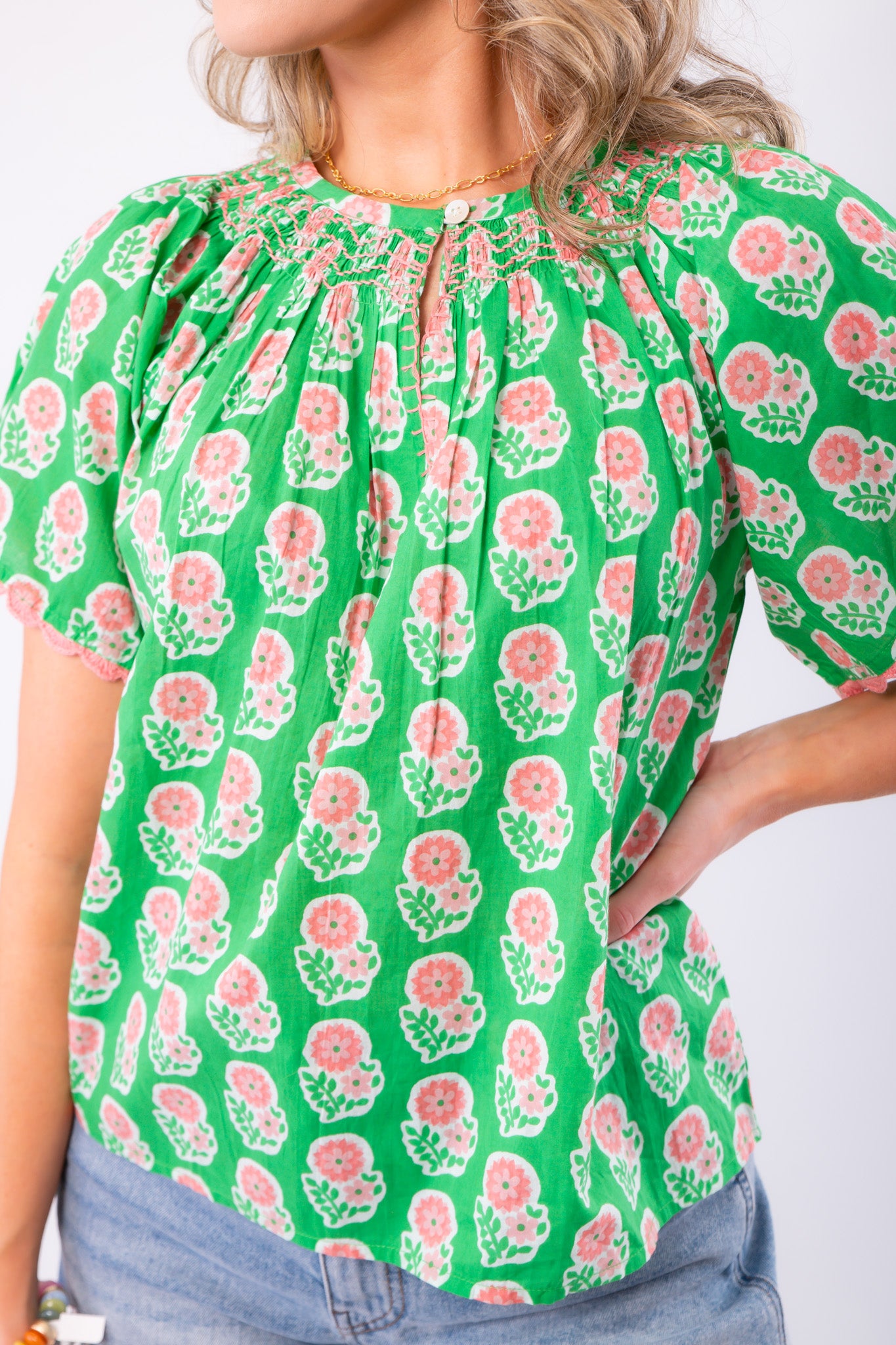 THML Green Floral V Neck Top
