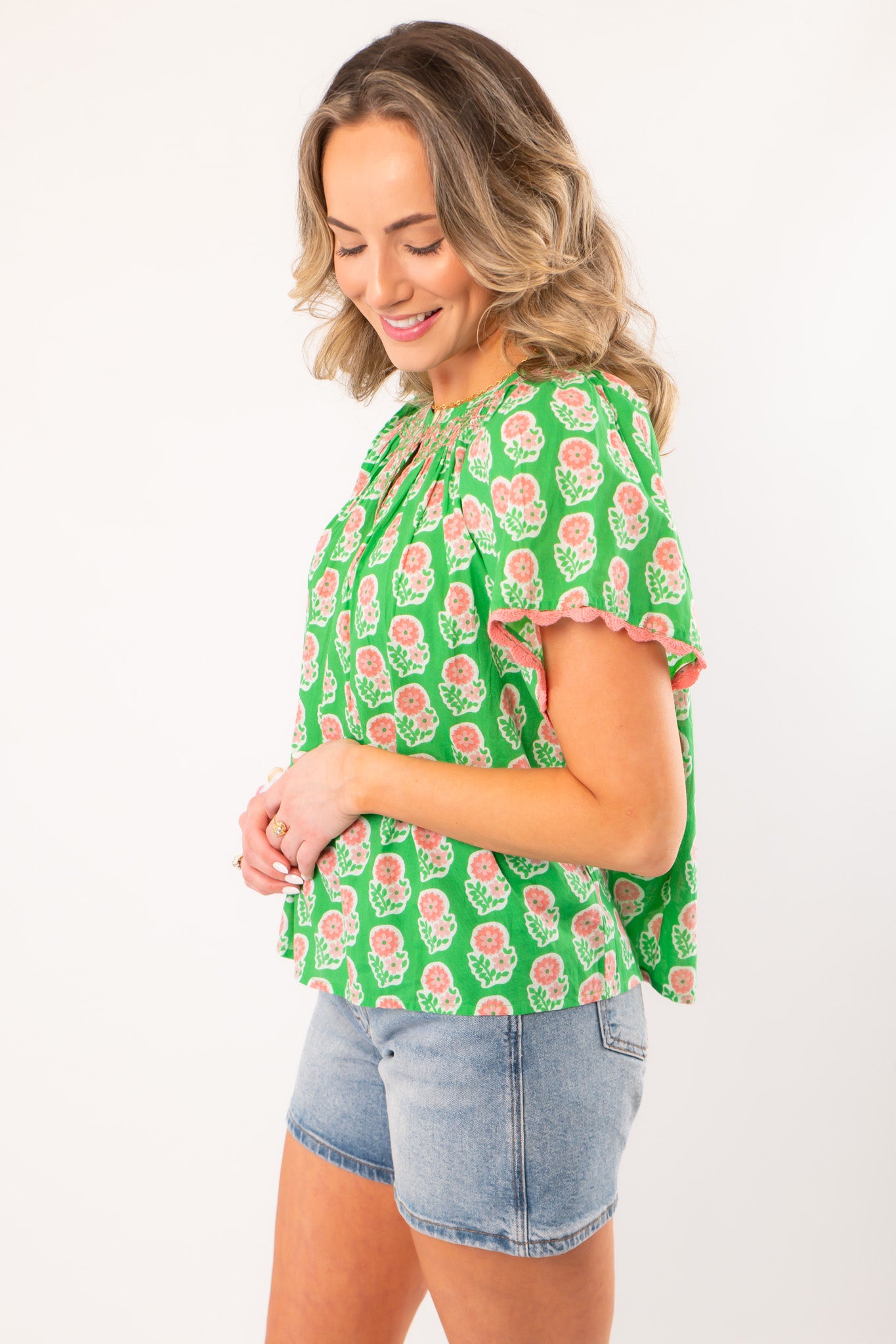 THML Green Floral V Neck Top