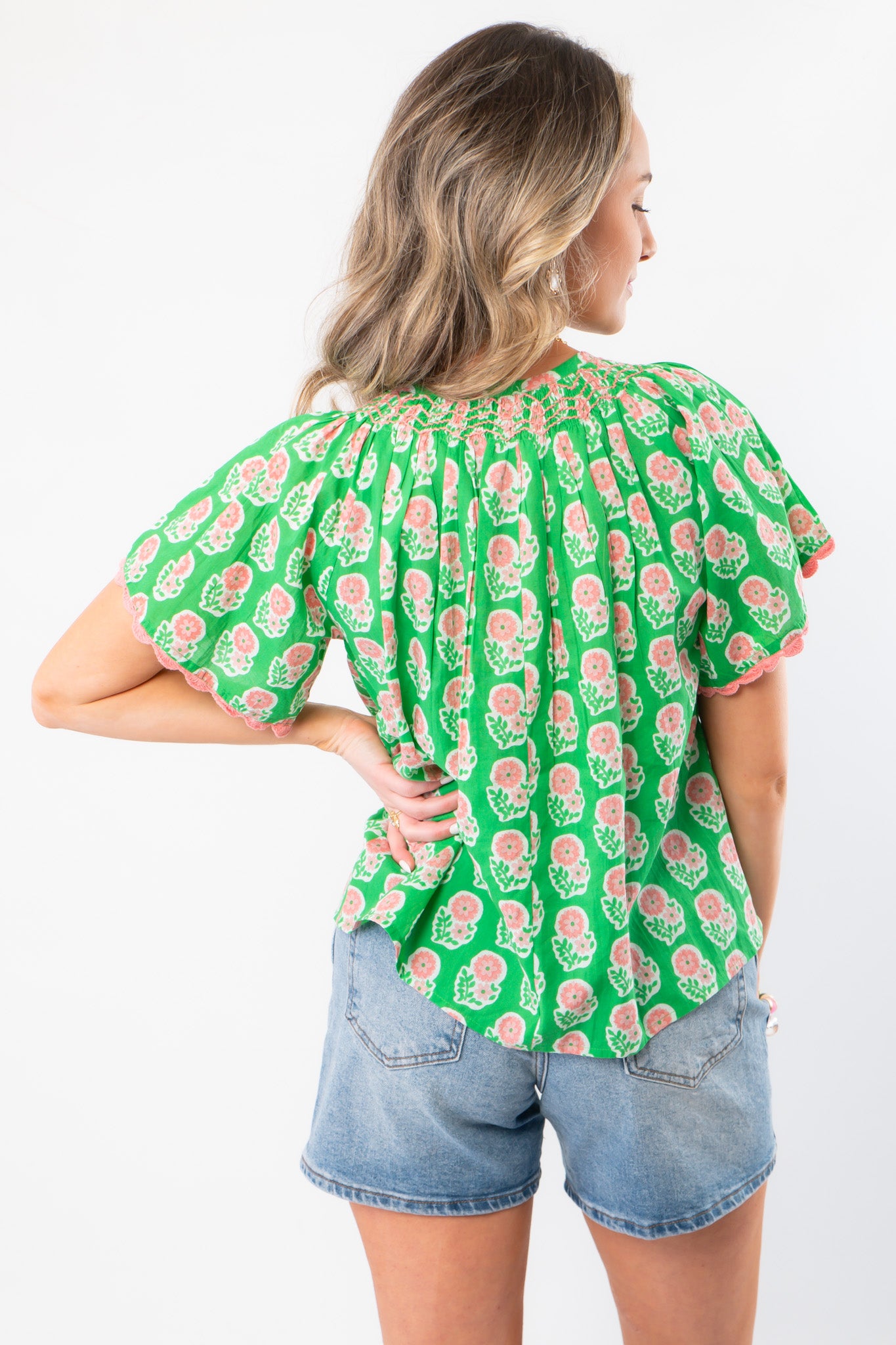 THML Green Floral V Neck Top