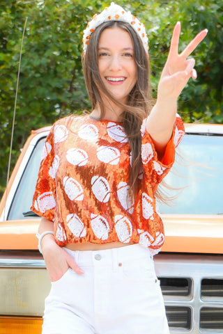 Extra Point Orange & White Football Sequin Top-WHY Dress-L. Mae Boutique