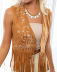 Fleetwood Camel Suede Embroidered Fringe Vest-Outerwear-Vocal-L. Mae Boutique & Wild Mabel Clothing