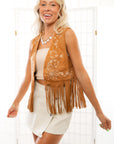 Fleetwood Camel Suede Embroidered Fringe Vest-Outerwear-Vocal-L. Mae Boutique & Wild Mabel Clothing