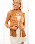 Fleetwood Camel Suede Embroidered Fringe Vest-Outerwear-Vocal-L. Mae Boutique & Wild Mabel Clothing