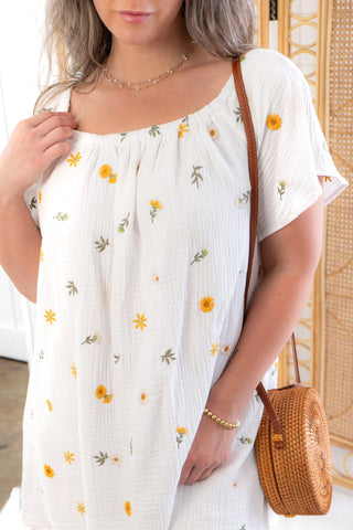 Flower Fields White Daisy Embroidered Gauze Mini Dress-In February-L. Mae Boutique