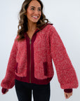 Red jacket with burgundy pops of color and zipper, University of South Carolina cozy knit jacket with side pockets