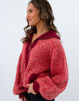Game day sweater jacket with ribbed trim and collar, red sweater with pops of burgundy, red and burgundy sweater with zipper