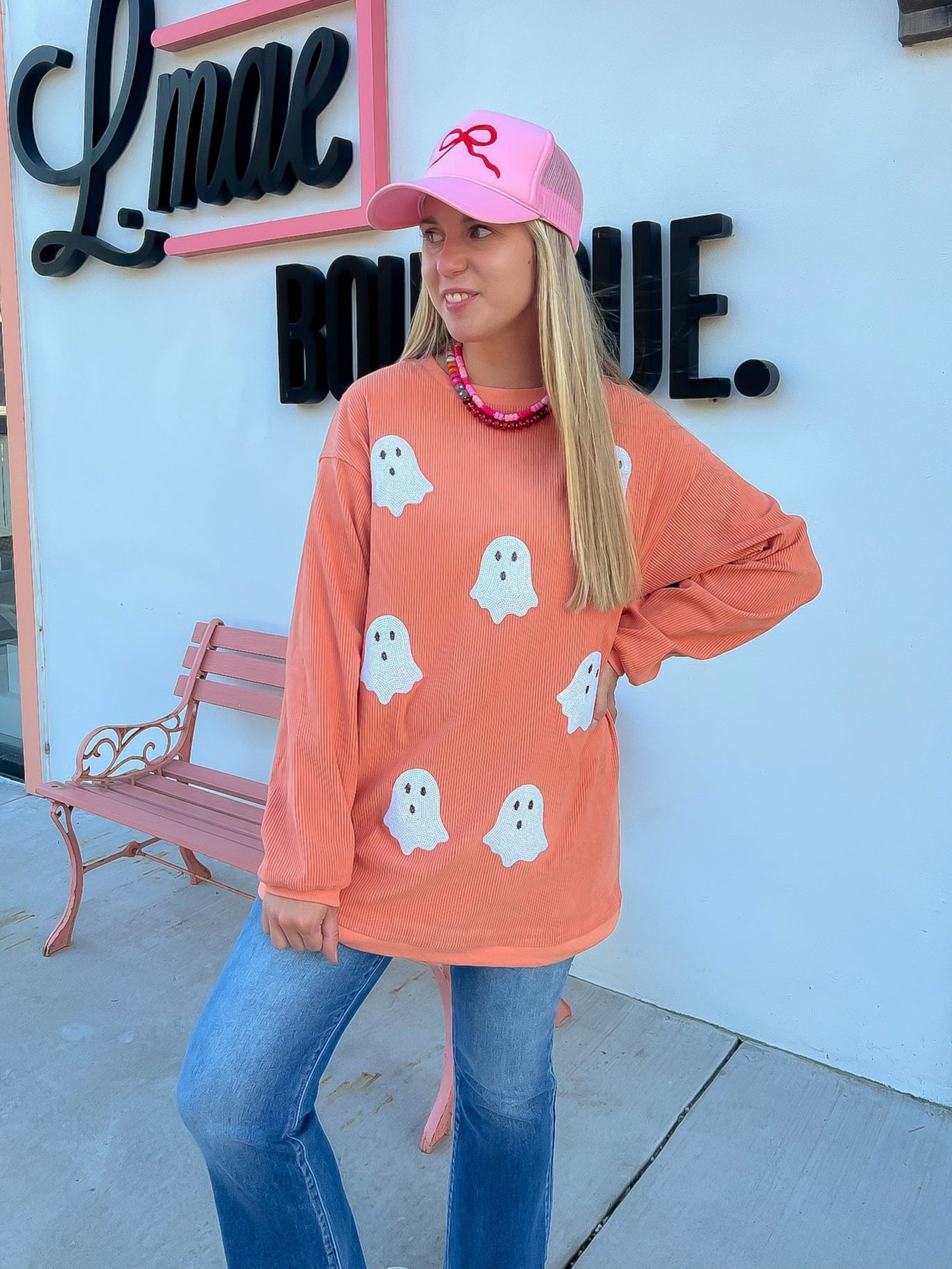Orange Ribbed Sequin Ghost Sweatshirt