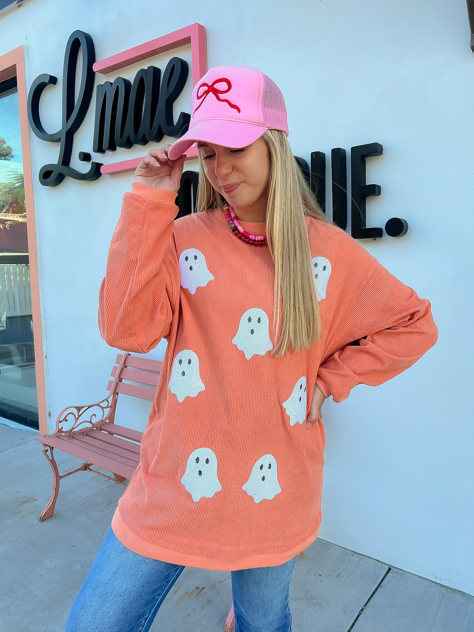 Orange Ribbed Sequin Ghost Sweatshirt