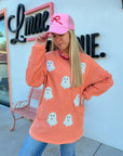 Cozy Orange Ribbed Sequin Ghost Sweatshirt featuring playful ghost sequins, ideal for Halloween fashion in the sweatshirts category.