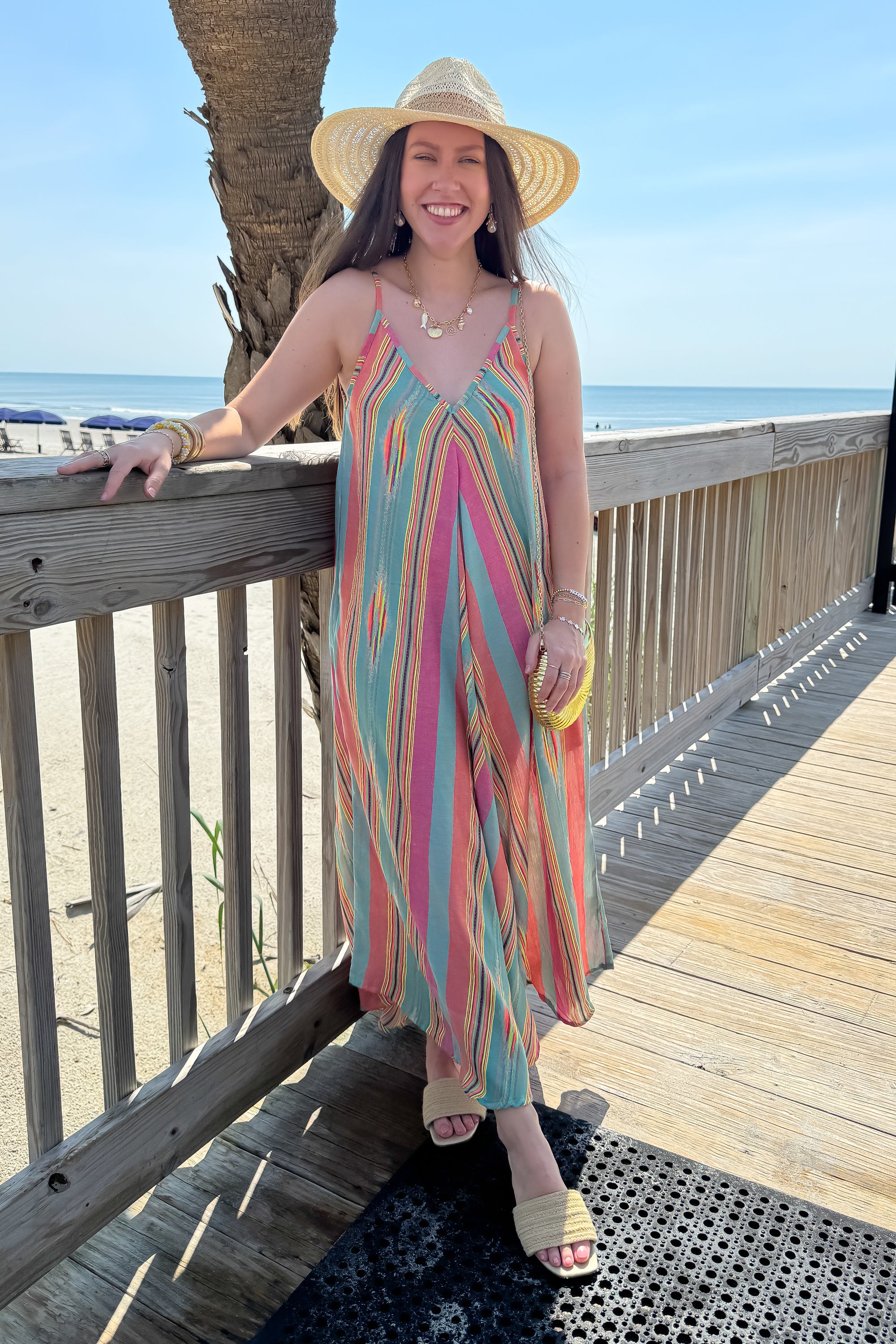 Aztec Aqua Stripes V-Neck Midi Dress
