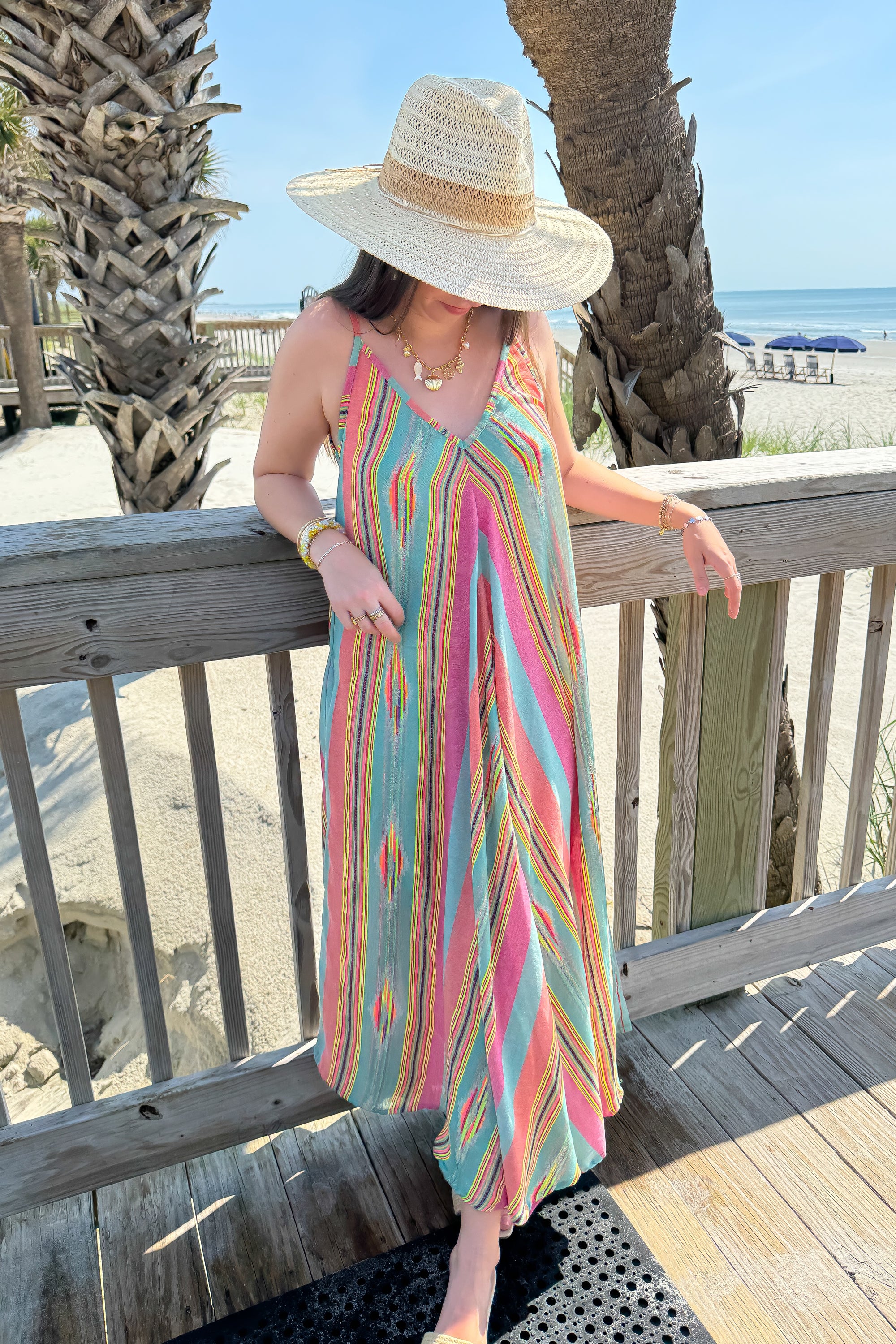 Aztec Aqua Stripes V-Neck Midi Dress