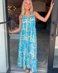 Turquoise Tides Abstract Tiered Maxi Dress
