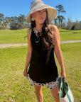 Pebble Beach Black Contrast Embroidered Mini Dress