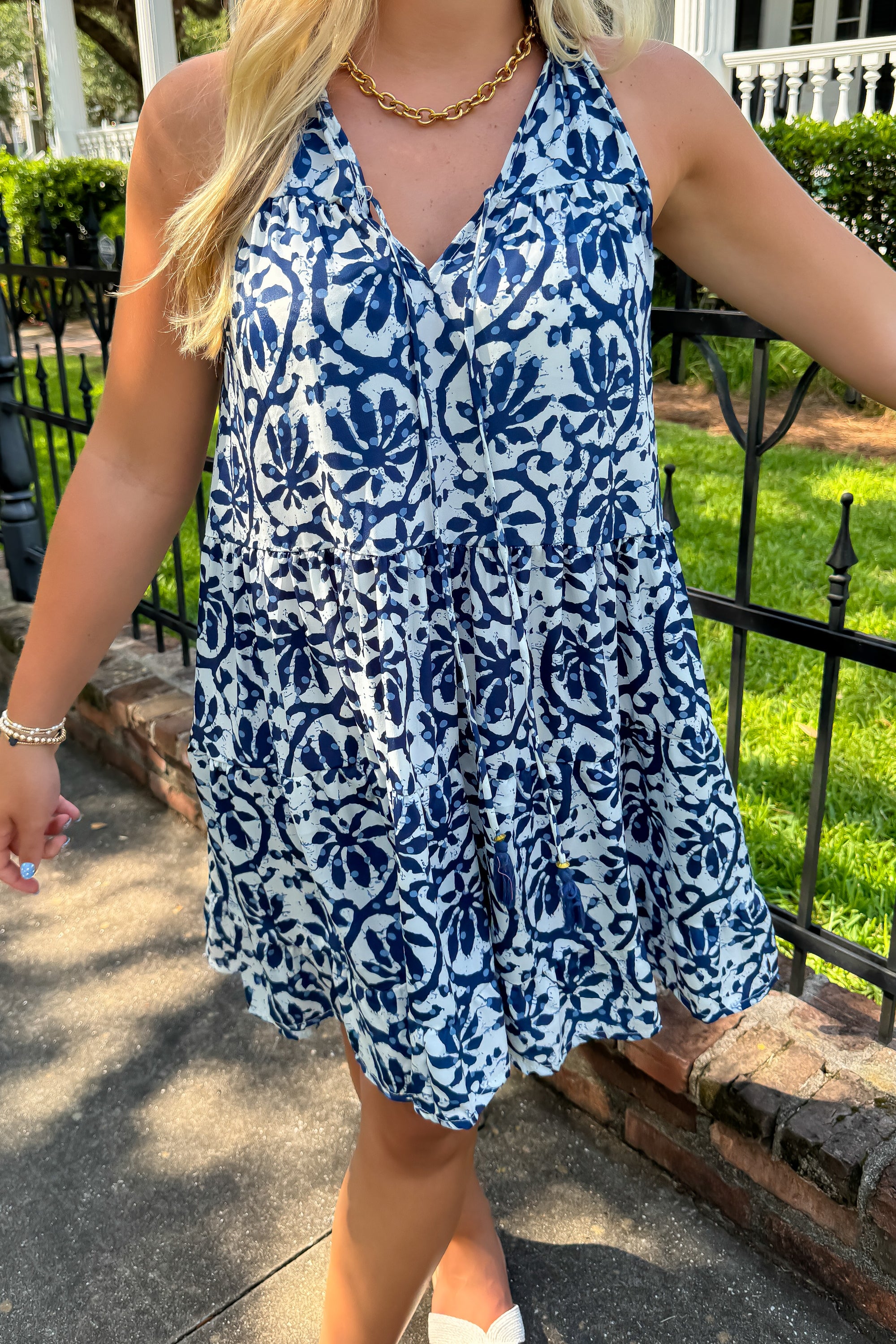 Sailor Blue Floral V Neck Mini Dress