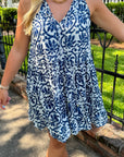 Sailor Blue Floral V Neck Mini Dress