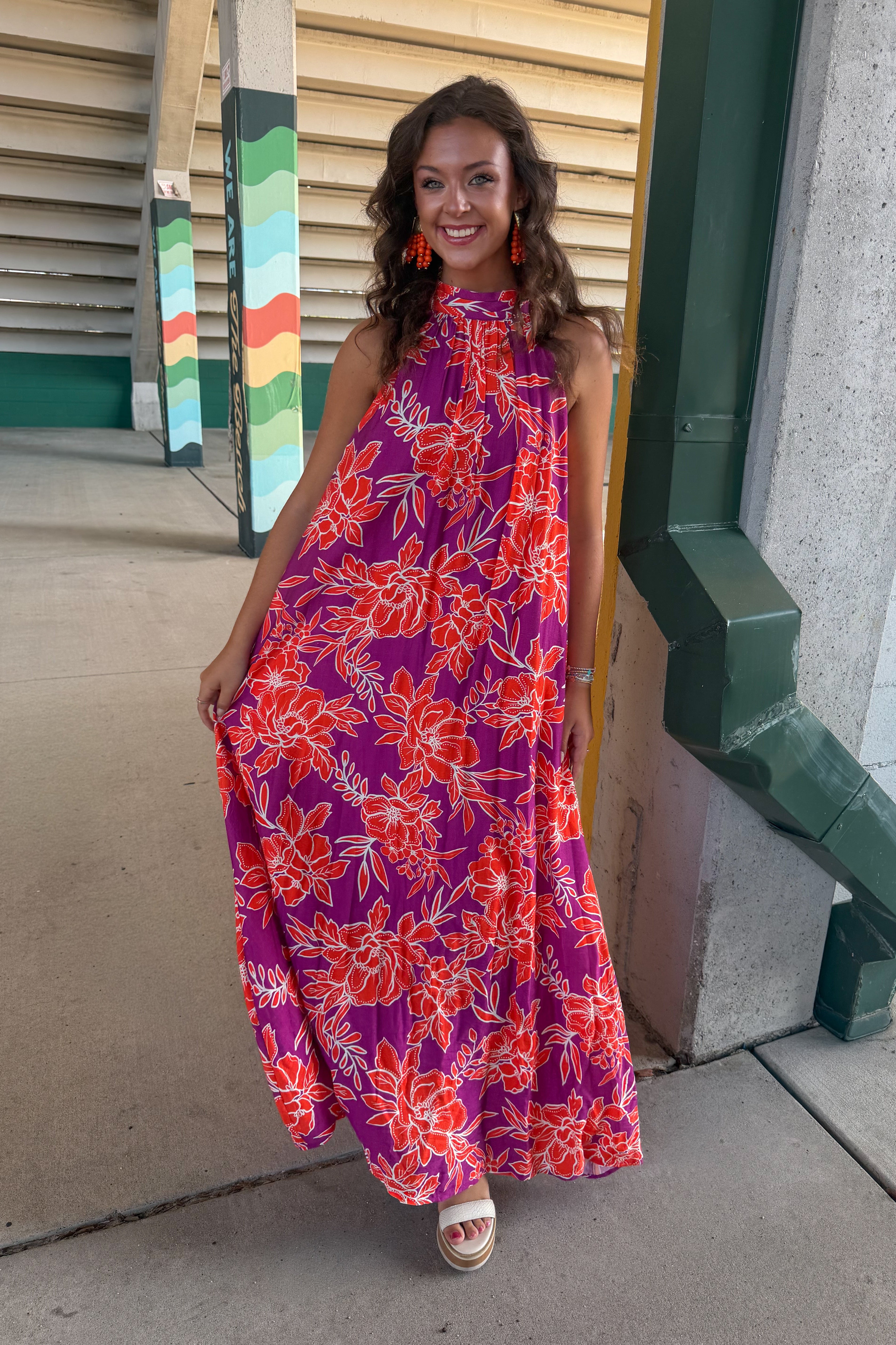 pink and orange floral maxi dress Bowman Purple Lore Perfect for special occasions Black Floral Halter Maternity Size:XS / UK-AU 6 / US 2