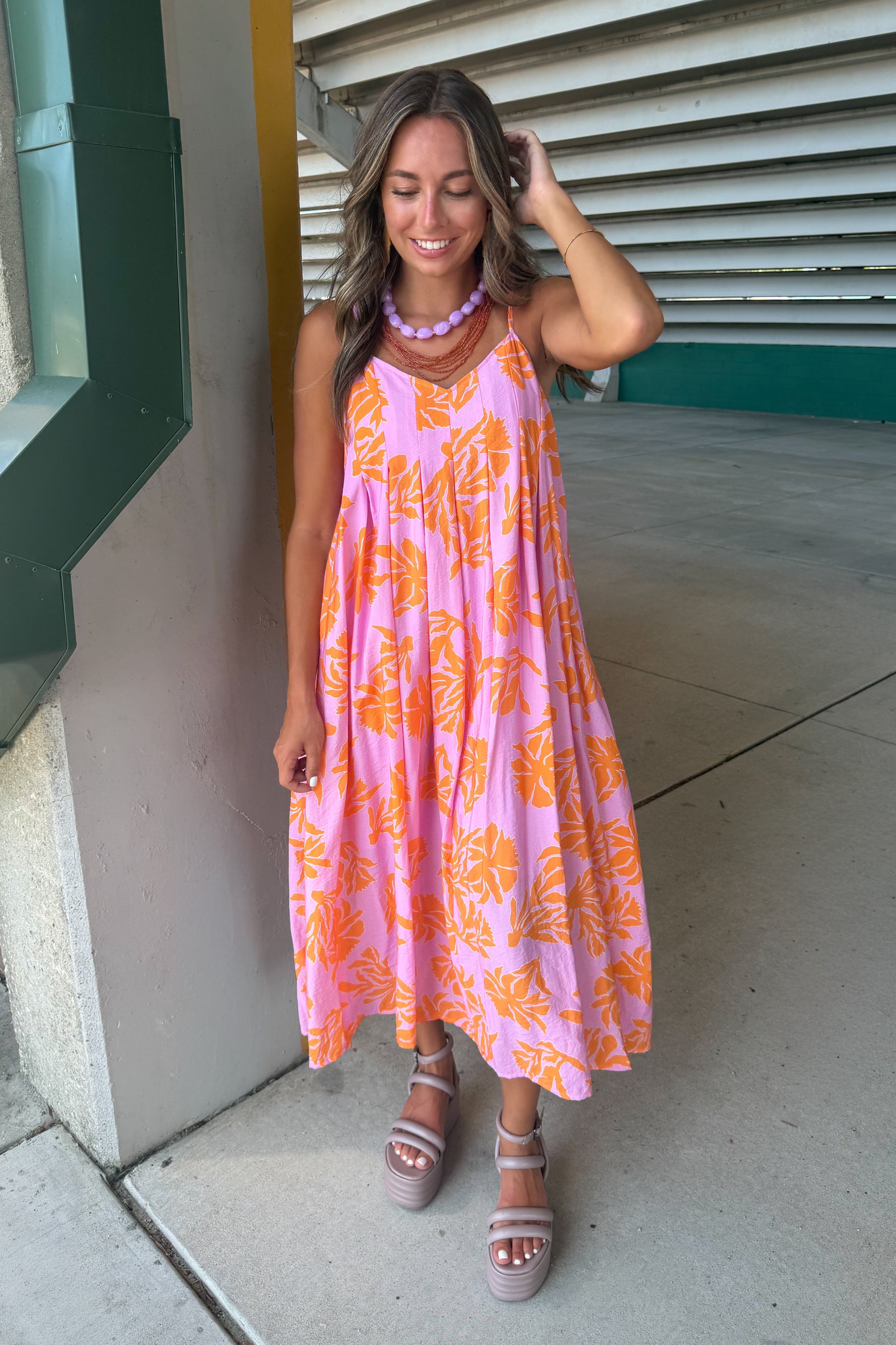 THML Tillman Orange Floral Print Midi Dress