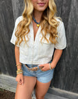 Wide Open White Denim Contrast Stitch Top