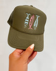 Sardines Olive Trucker Hat – Embroidered Snapback for Fall with three colorful sardines on front panel, breathable mesh back, and curved brim.