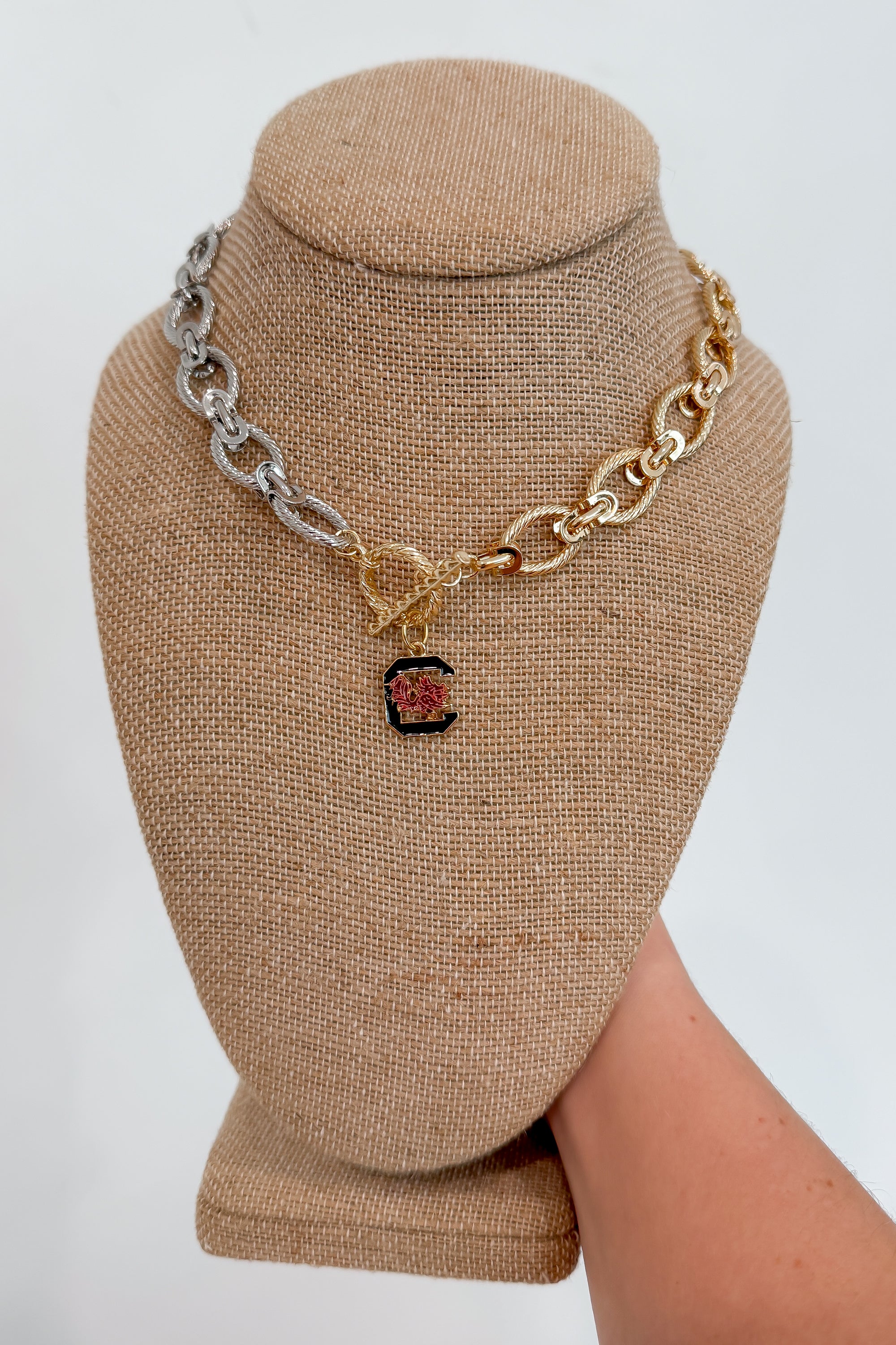 USC Gamecock Toggle Necklace in gold and silver with chunky chain links and team logo charm, ideal for gameday accessories or fan gifts.