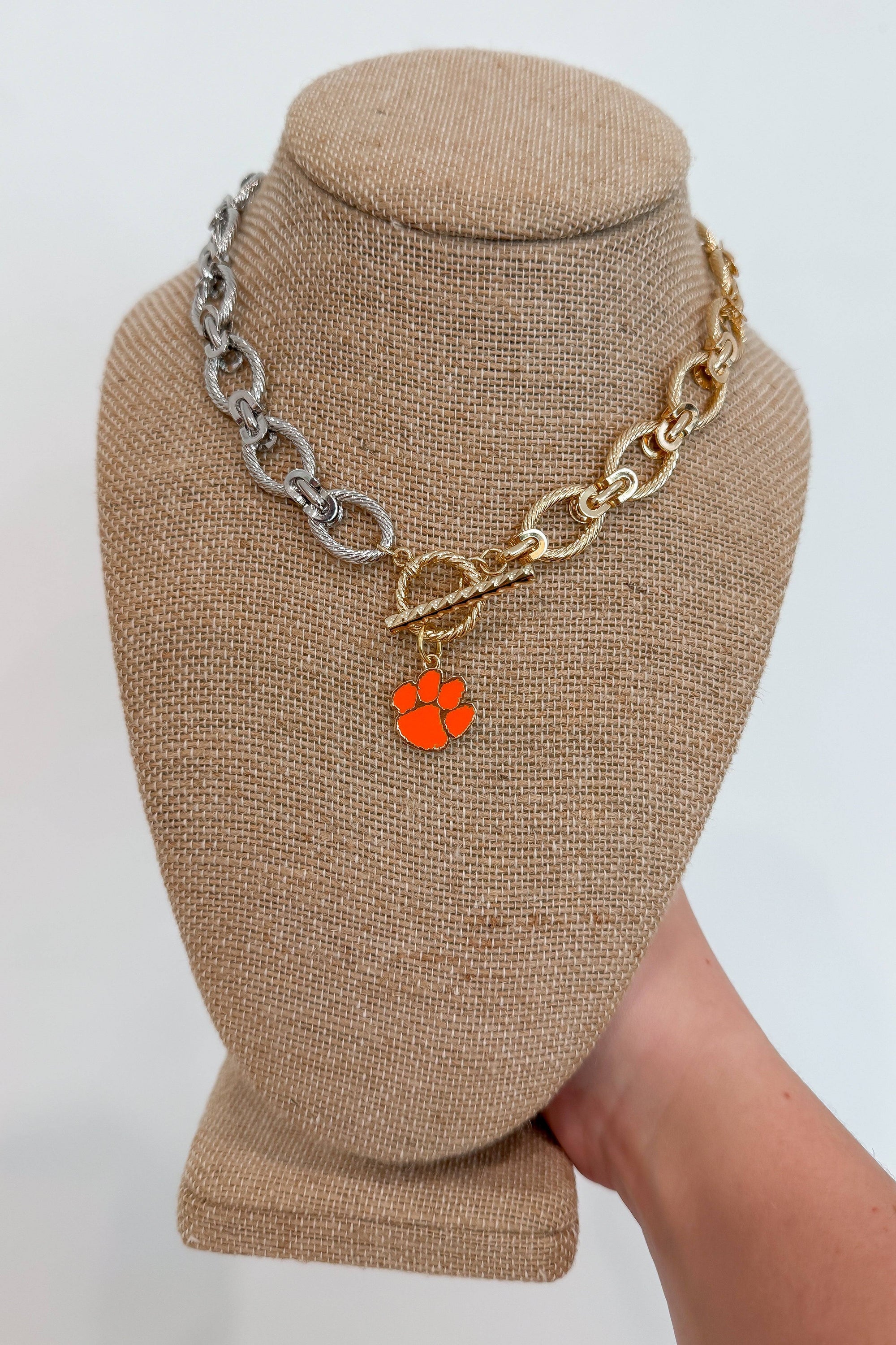 Clemson Paw Toggle Necklace - Gold & Silver features a bold orange Clemson paw charm on a dual-tone chain. Perfect for gameday or fan gifts.