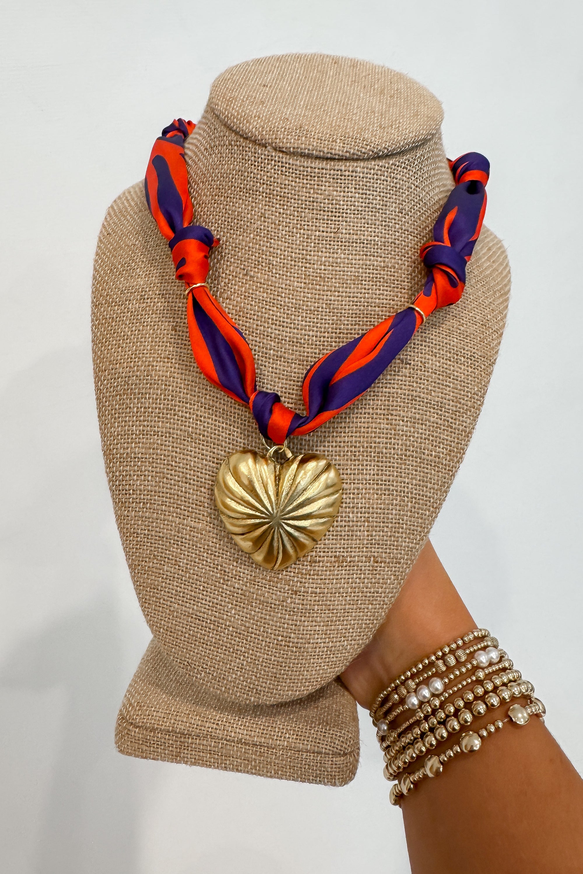 Heart Scarf Necklace with bold orange and purple tiger stripe bandana and gold heart charm, perfect Clemson flair jewelry for game day style.