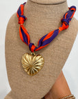 Tiger Stripe Bandana Heart Necklace featuring vibrant orange and purple scarf with gold heart pendant, trendy Clemson-inspired accessory.
