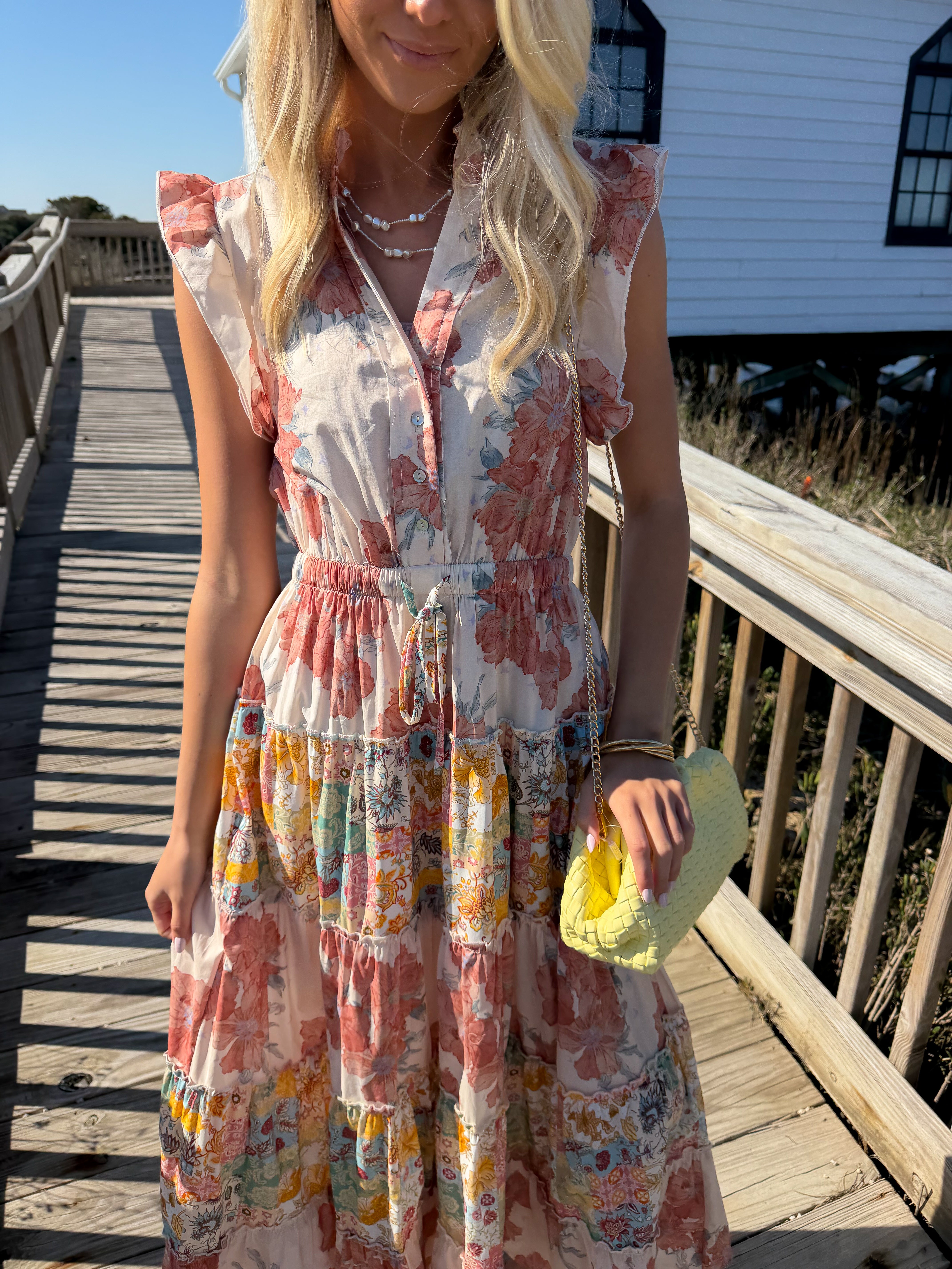 Peach Patchwork Floral Maxi Dress | 100% Cotton, Ruffle Detail L. Mae Boutique Peach Patchwork Floral Maxi Dress | 100% Cotton, Ruffle Detail L. Mae Boutique
