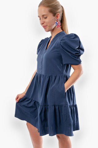Jacey Navy Puff Sleeve Tiered V Neck Mini Dress-Entro-L. Mae Boutique