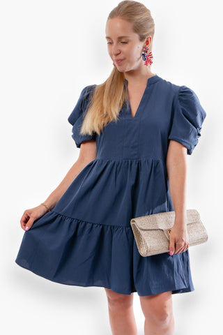 Jacey Navy Puff Sleeve Tiered V Neck Mini Dress-Entro-L. Mae Boutique