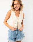 Front view of the Jolene Beige Embroidered Tie Top Vest featuring delicate embroidery and a stylish front tie closure for a relaxed, bohemian aesthetic.
