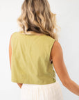 Back view of the Jolene Matcha Embroidered Tie Top Vest with a solid matcha green panel. A versatile and trendy vest for effortless boho styling.