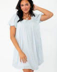 Callie Square Neck Blue Stripe Mini Dress featuring puff sleeves and a relaxed fit, ideal for a breezy and chic summer look.