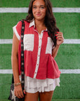 Leave It To Me Crimson & White Colorblock Button Down Shirt-Tops-Peach Love California-L. Mae Boutique & Wild Mabel Clothing