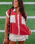 Leave It To Me Crimson & White Colorblock Button Down Shirt-Tops-Peach Love California-L. Mae Boutique & Wild Mabel Clothing