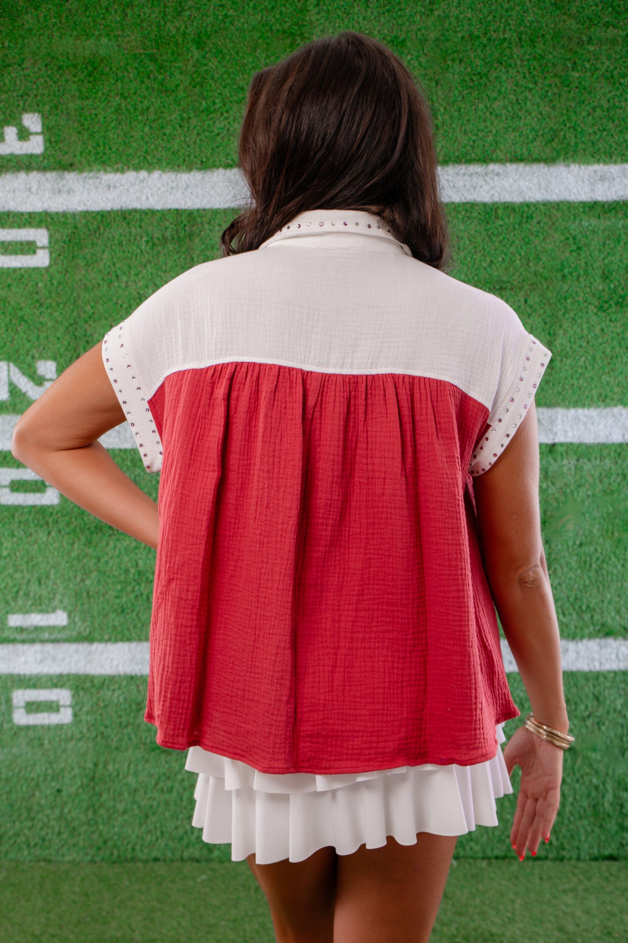 Leave It To Me Crimson & White Colorblock Button Down Shirt-Tops-Peach Love California-L. Mae Boutique & Wild Mabel Clothing