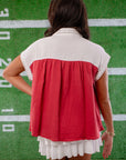 Leave It To Me Crimson & White Colorblock Button Down Shirt-Tops-Peach Love California-L. Mae Boutique & Wild Mabel Clothing