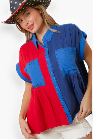 Leave It To Me Red & Blue Colorblock Button Down Shirt-Peach Love California-L. Mae Boutique