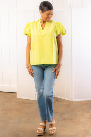 Lemon Lime Green Free Neck Puff Sleeve Top-Entro-L. Mae Boutique