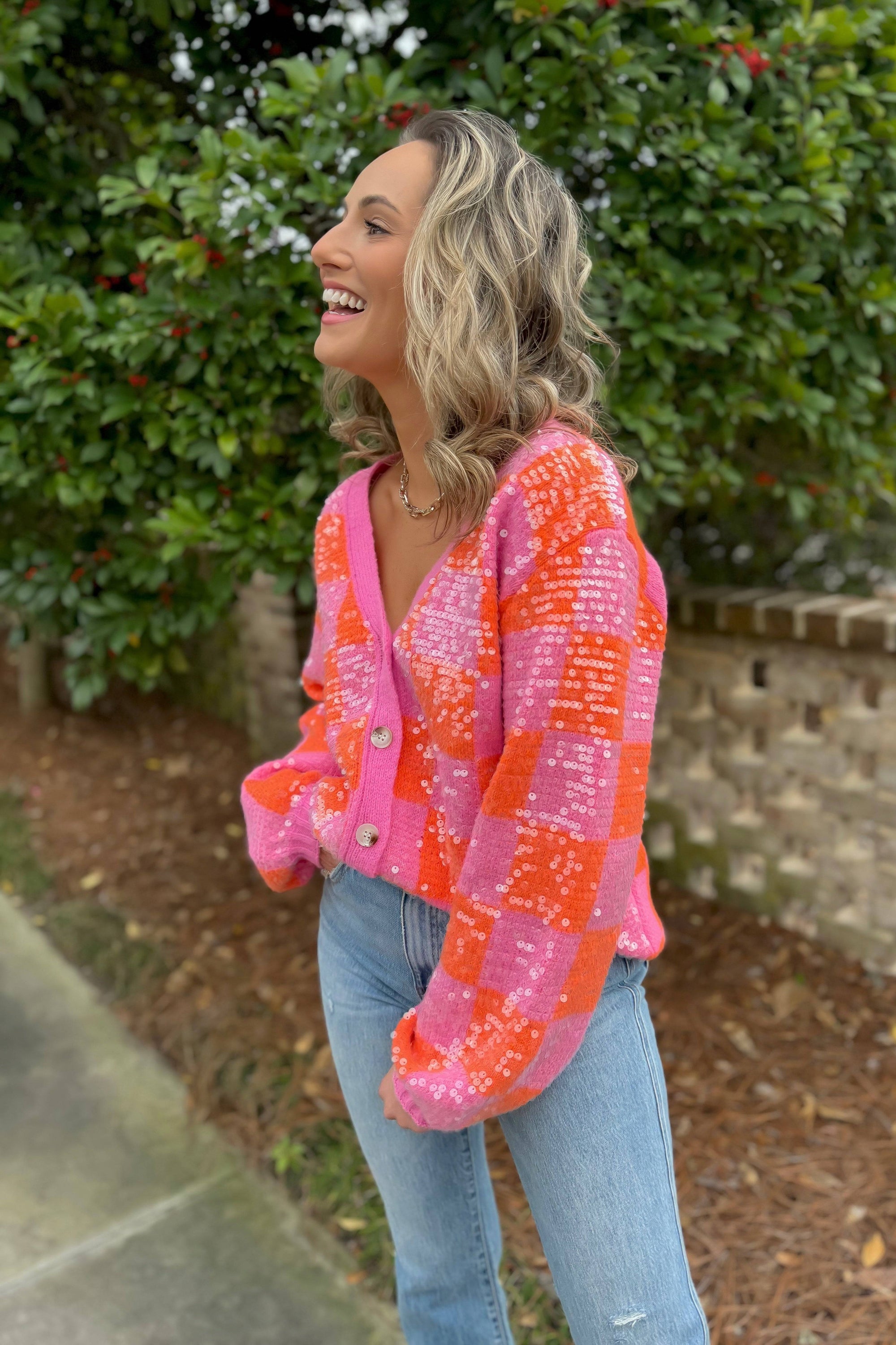 Love and Lux Orange & Pink Sequin Cardigan-Tops-BiBi-L. Mae Boutique & Wild Mabel Clothing