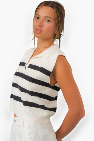 Luca White & Black Striped Polo Knit Crop Top-Papermoon-L. Mae Boutique