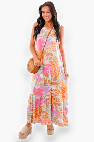 Malibu Tropical Print Halter Maxi Dress-In February-L. Mae Boutique