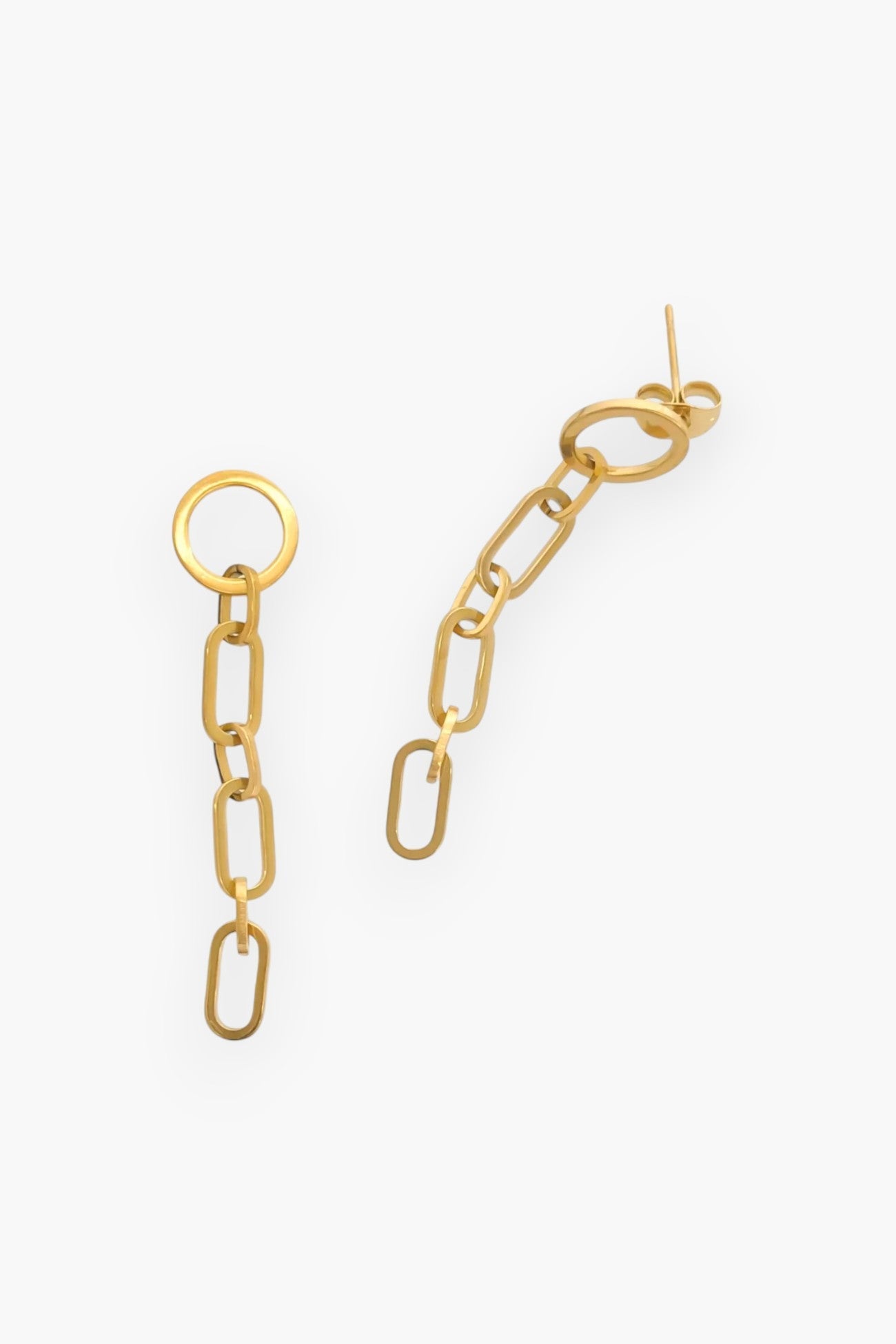 Elegant Malley Gold Plated Drop Chain Earrings with a secure post back. Trendy 1.75-inch length, perfect for adding a chic touch to any outfit.