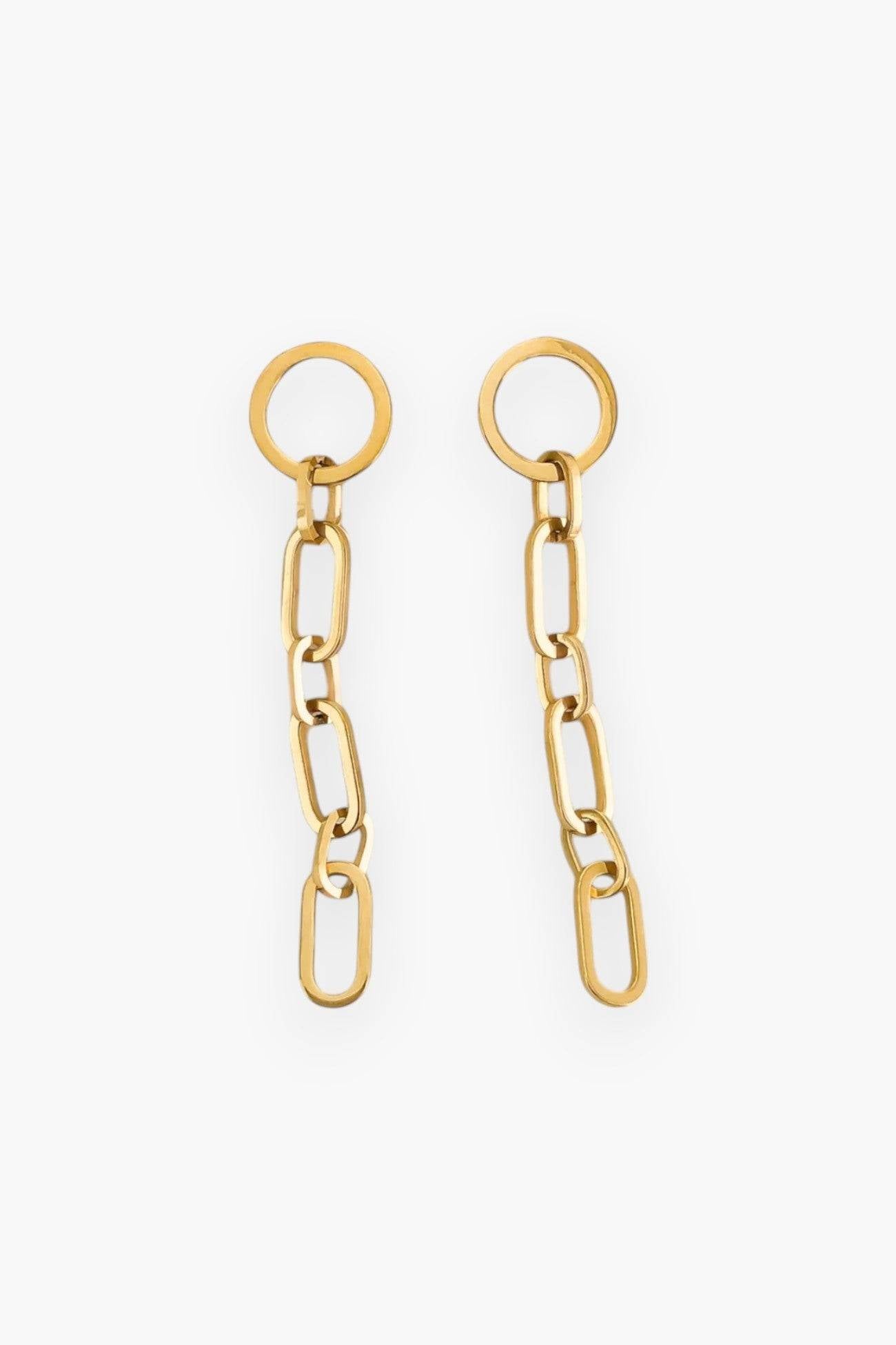 Malley Gold Plated Drop Chain Earrings featuring a stylish, water-resistant design. Crafted with triple-plated 14kt gold over stainless steel for durability.